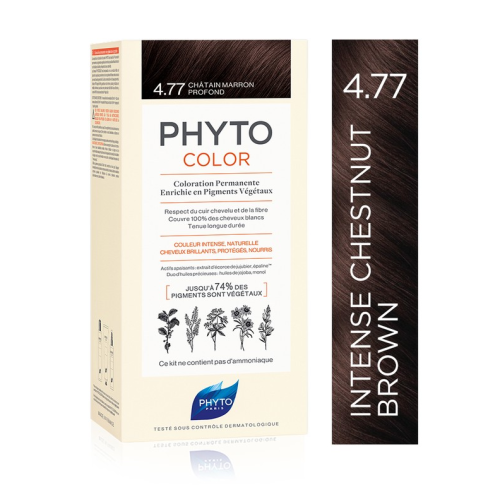 Phyto Color hair dye, nourishing milk conditioner and hair mask. Color 4.77 Intense chestnut brown